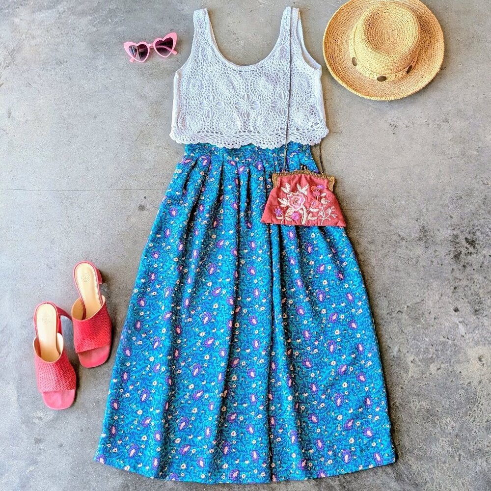 Vintage 80s Coastal Teal Blue Floral Satin Midi Prairie Peasant Skirt size 8